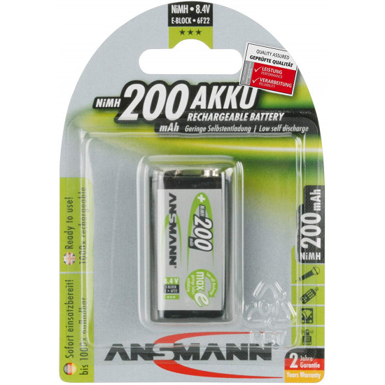 maxE NiMH rechargeable battery 9V-Block E / 6F22 / 8.4V, 200mAh, 1 pack