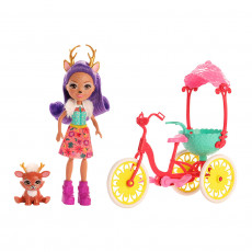 Enchantimals GJX30 Papusa Danessa Deer cu si Tricicleta cu doua locuri, 15 cm