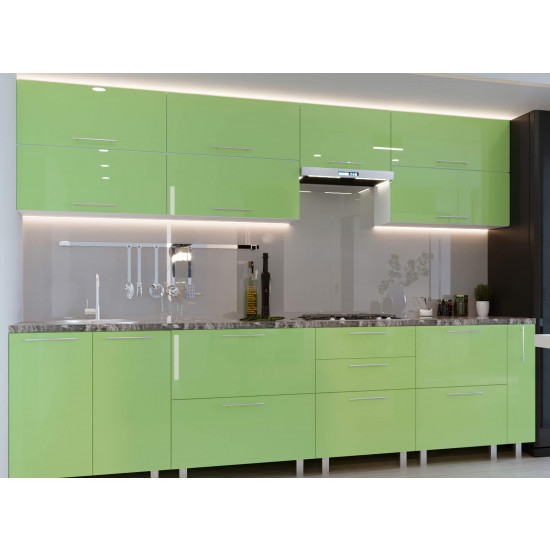 Bucatarie BS Quadro 3.0 m (MDF High Gloss) sertare cu bile si amortizare, Verde deschis