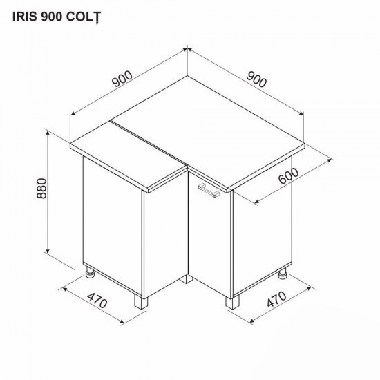 Нижний кухонный шкаф Ambianta Iris 900 COLT угловой, Серый