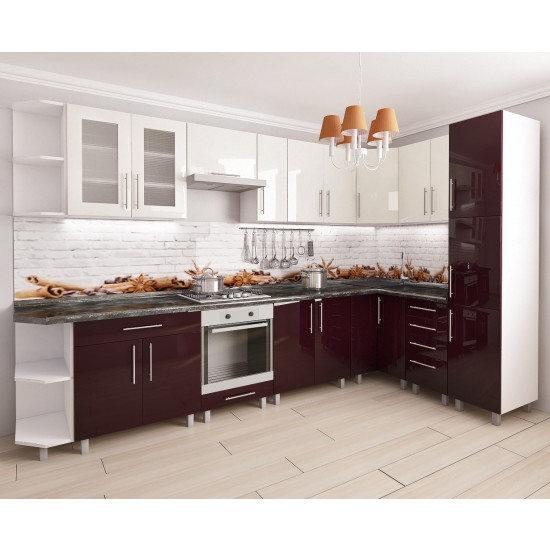 Bucatarie modulara PS de colț 3,4х1,7 m (MDF High Gloss), Alb/Bordo