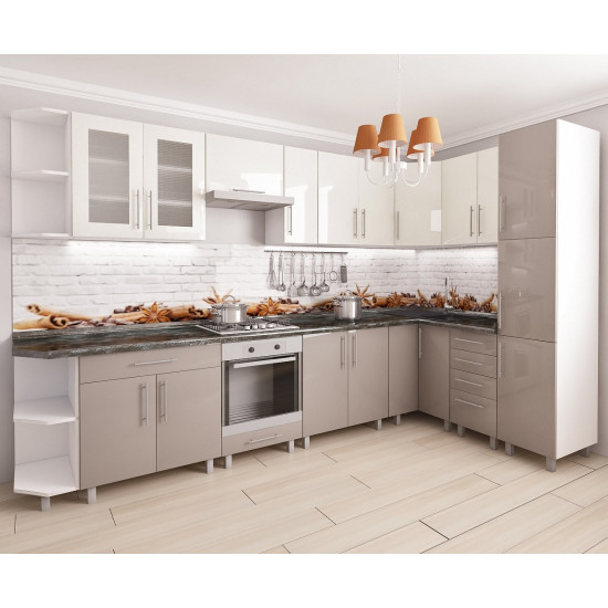 Модульная кухня PS угловая 3,4х1,7 м (МДФ Глянец), Белый/Каппучино матовый